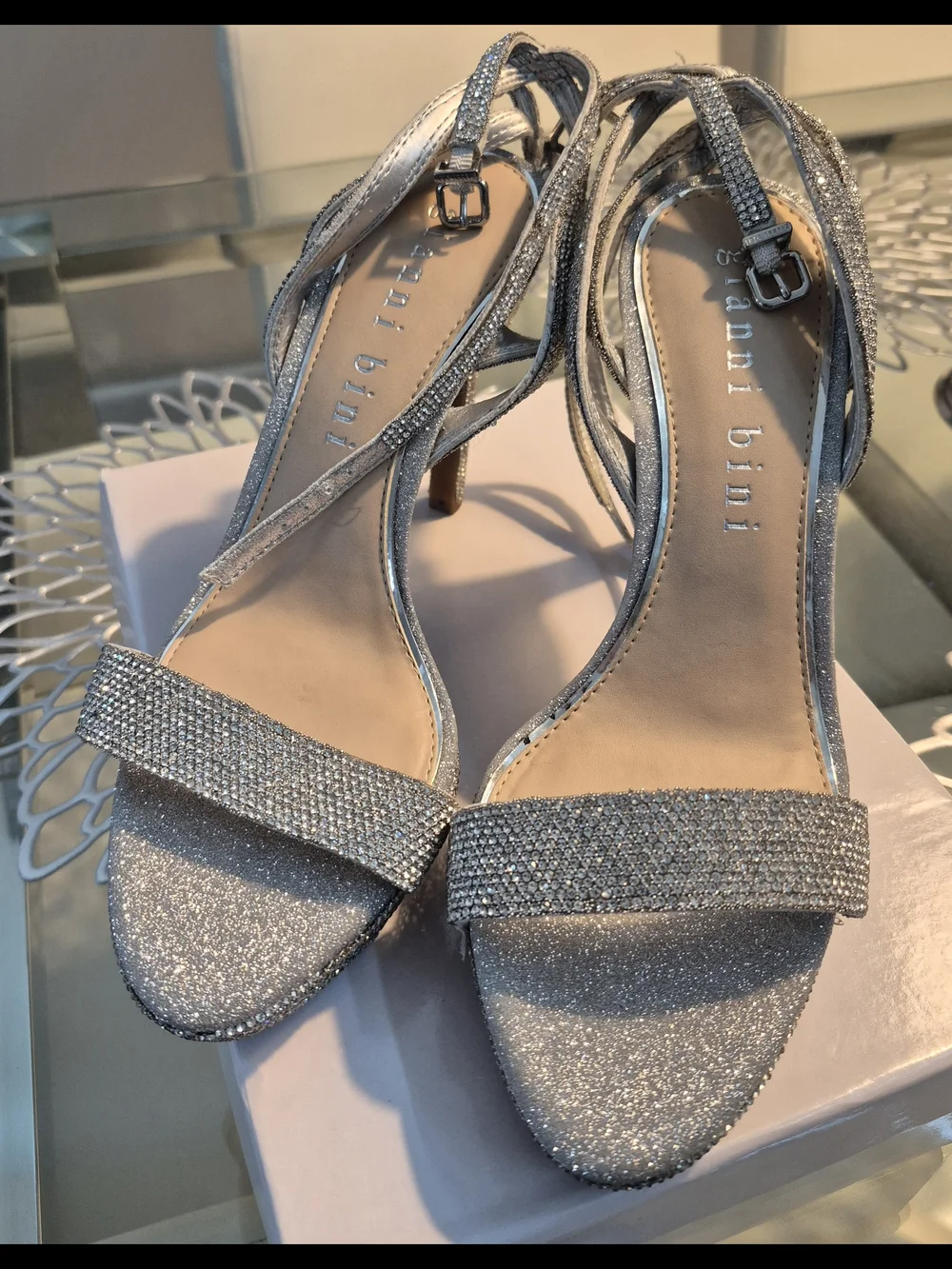 Gianni Bini Silver Crystal Ankle-Strap High Heels